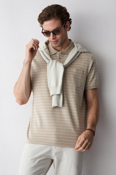 Light Beige Regular Fit Crew Neck Striped Cotton T-shirt