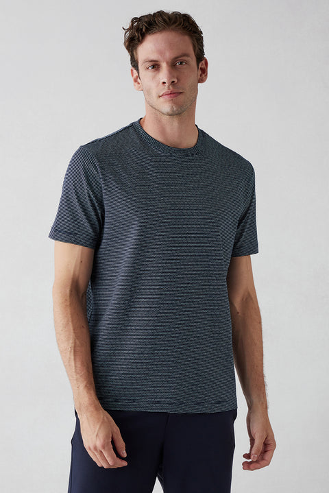Dark Navy Regular Fit Crew Neck Striped Cotton T-shirt