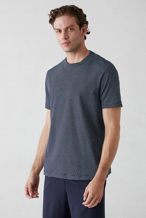 Dark Navy Regular Fit Crew Neck Striped Cotton T-shirt