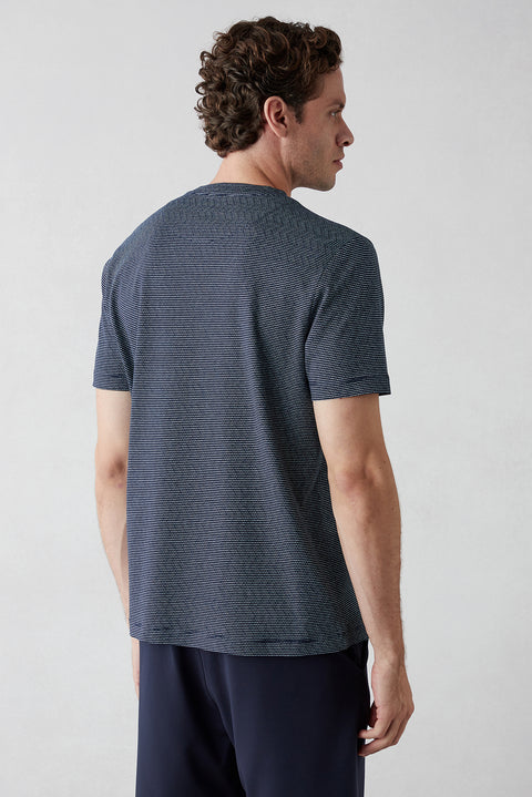 Dark Navy Regular Fit Crew Neck Striped Cotton T-shirt