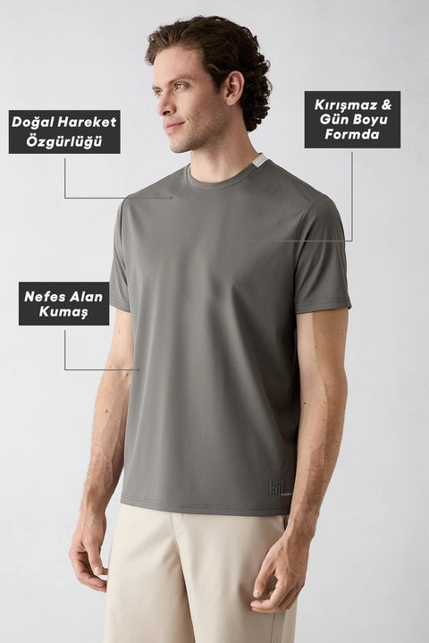 Açık Füme Techno-Line Regular Fit Bisiklet Yaka Likralı Esnek Baskılı Tişört