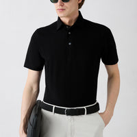 Black Regular Fit Cotton Buttoned Polo Neck T-Shirt