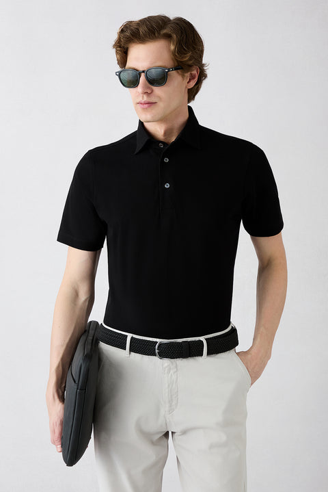 Black Regular Fit Cotton Buttoned Polo Neck T-Shirt