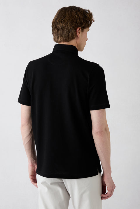 Black Regular Fit Cotton Buttoned Polo Neck T-Shirt