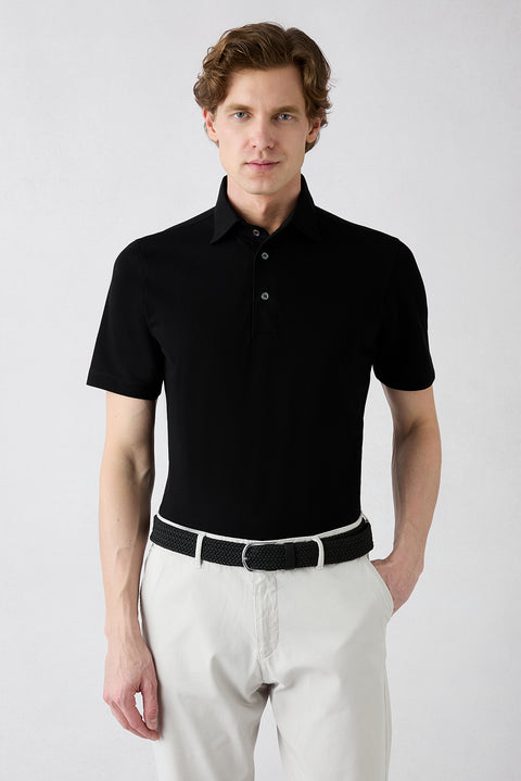 Black Regular Fit Cotton Buttoned Polo Neck T-Shirt