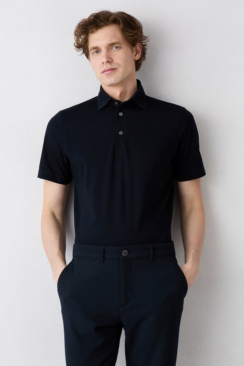 Dark Navy Regular Fit Cotton Button-Up Polo Shirt