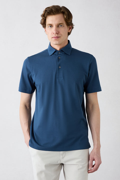 Indigo Regular Fit Cotton Button-Up Polo Shirt