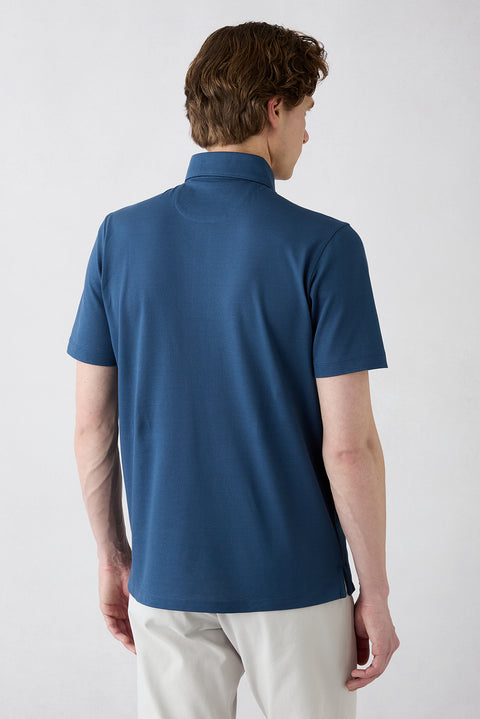 Indigo Regular Fit Cotton Button-Up Polo Shirt