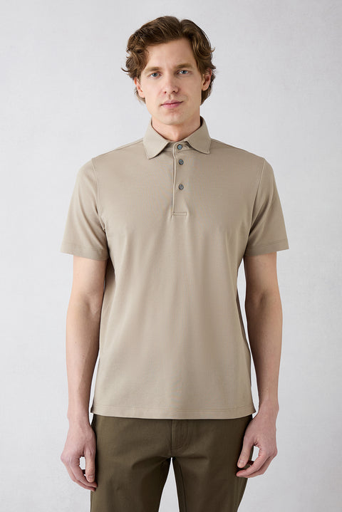 Mid Beige Regular Fit Cotton Button-Up Polo Shirt