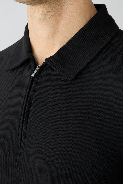 Black Regular Fit Cotton Zip-Up Polo Shirt