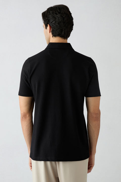 Black Regular Fit Cotton Zip-Up Polo Shirt
