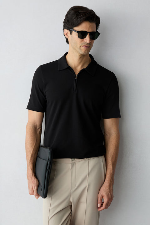 Black Regular Fit Cotton Zip-Up Polo Shirt