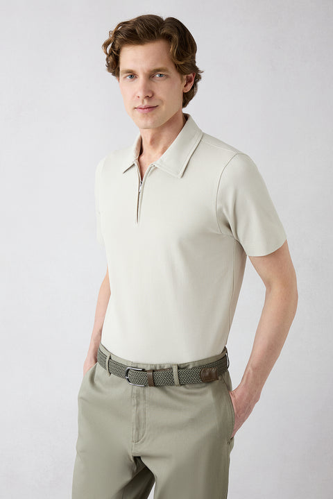 Light Grey Regular Fit Cotton Zip Polo Shirt