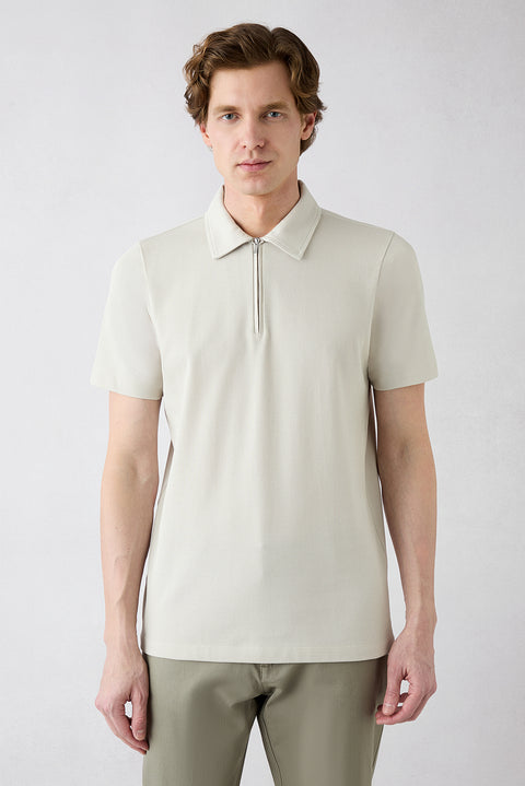 Light Grey Regular Fit Cotton Zip Polo Shirt
