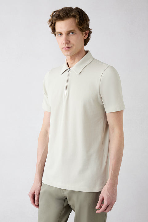 Light Grey Regular Fit Cotton Zip Polo Shirt