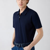 Dark Navy Regular Fit Cotton Zippered Polo Neck T-Shirt