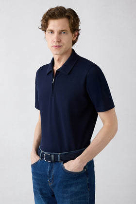 Dark Navy Regular Fit Cotton Zippered Polo Neck T-Shirt