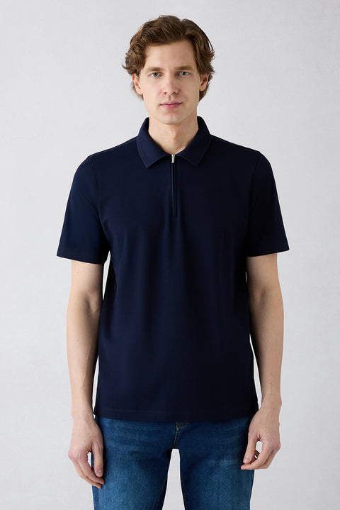 Dark Navy Regular Fit Cotton Zippered Polo Neck T-Shirt