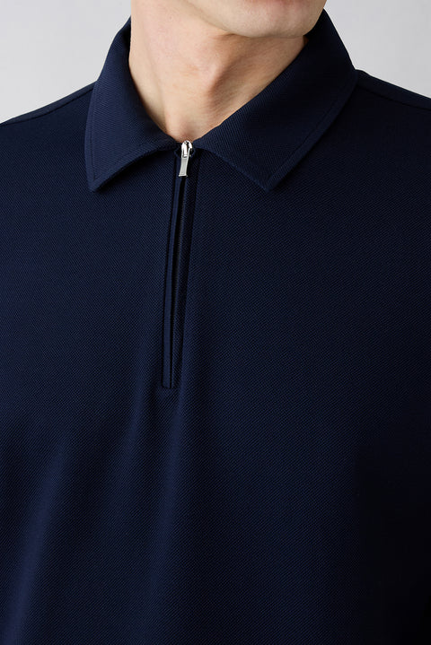 Dark Navy Regular Fit Cotton Zippered Polo Neck T-Shirt
