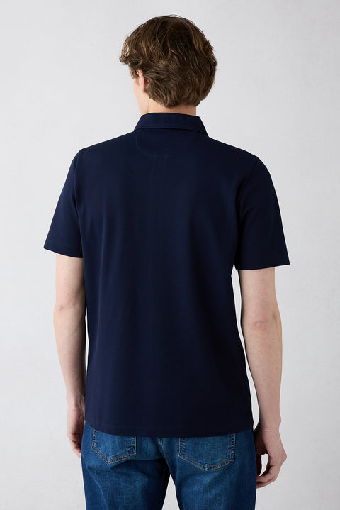 Dark Navy Regular Fit Cotton Zippered Polo Neck T-Shirt