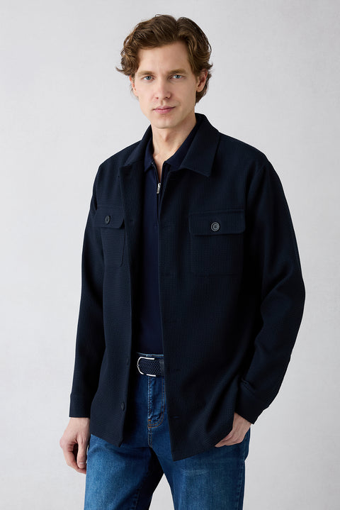 Dark Navy Regular Fit Cotton Zippered Polo Neck T-Shirt
