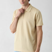 Medium Beige Regular Fit Cotton Zip-Up Polo Shirt