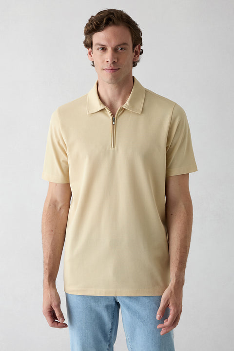 Medium Beige Regular Fit Cotton Zip-Up Polo Shirt
