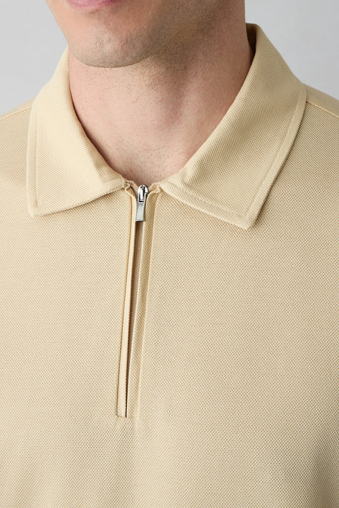 Medium Beige Regular Fit Cotton Zip-Up Polo Shirt