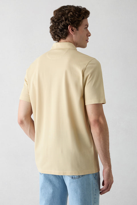 Medium Beige Regular Fit Cotton Zip-Up Polo Shirt