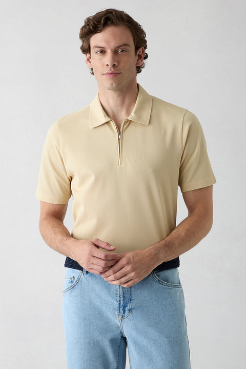 Medium Beige Regular Fit Cotton Zip-Up Polo Shirt