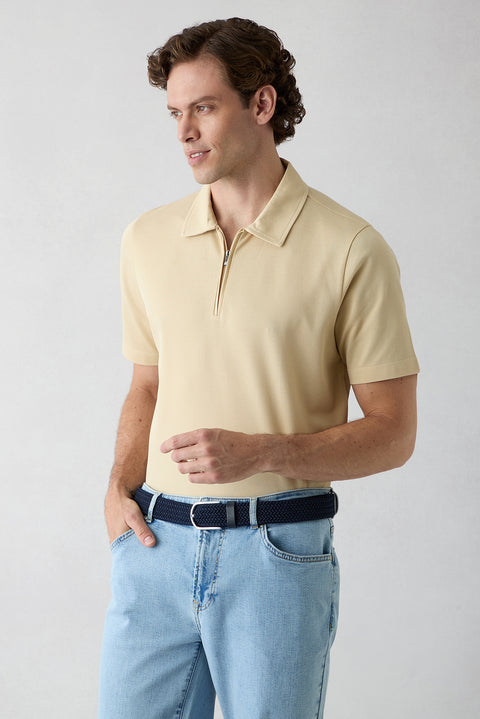 Medium Beige Regular Fit Cotton Zip-Up Polo Shirt