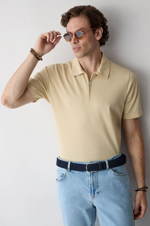Medium Beige Regular Fit Cotton Zip-Up Polo Shirt