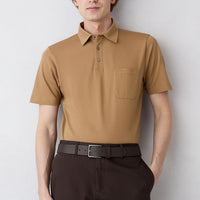 Dark Beige Regular Fit Cotton Buttoned Pocket Polo Neck T-Shirt
