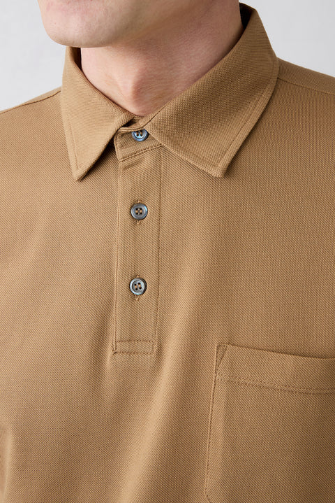Dark Beige Regular Fit Cotton Buttoned Pocket Polo Neck T-Shirt