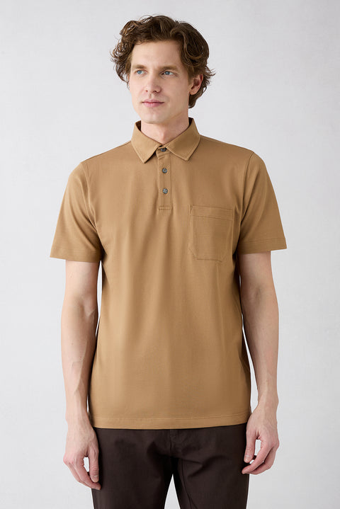 Dark Beige Regular Fit Cotton Buttoned Pocket Polo Neck T-Shirt