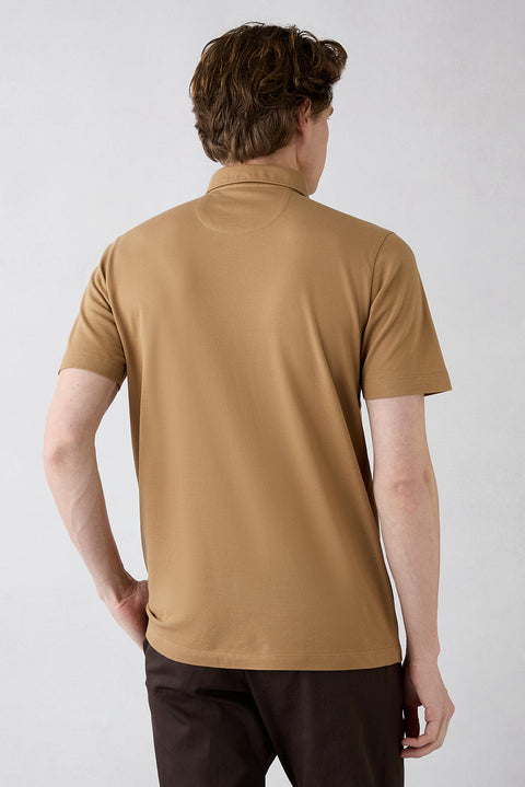 Dark Beige Regular Fit Cotton Buttoned Pocket Polo Neck T-Shirt