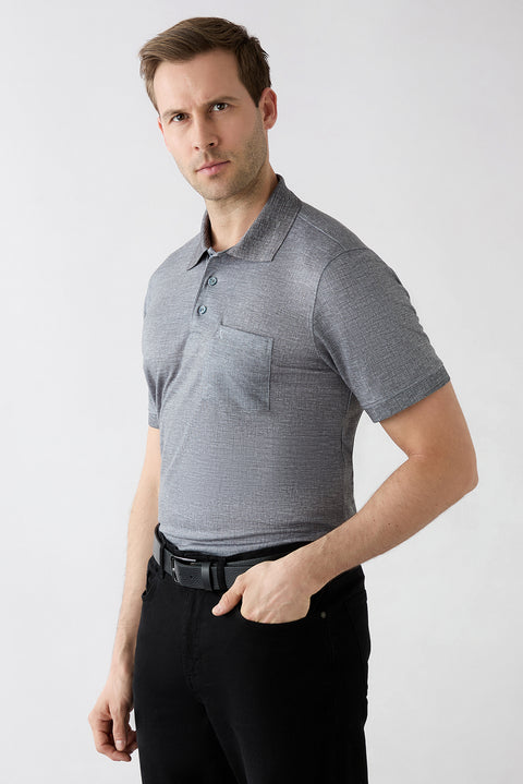 Black Regular Fit Patterned Embroidered Pocket Buttoned Polo Neck T-Shirt