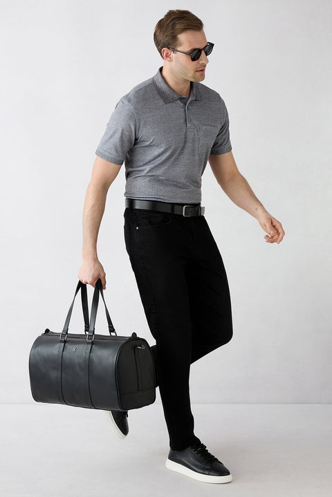 Black Regular Fit Patterned Embroidered Pocket Buttoned Polo Neck T-Shirt