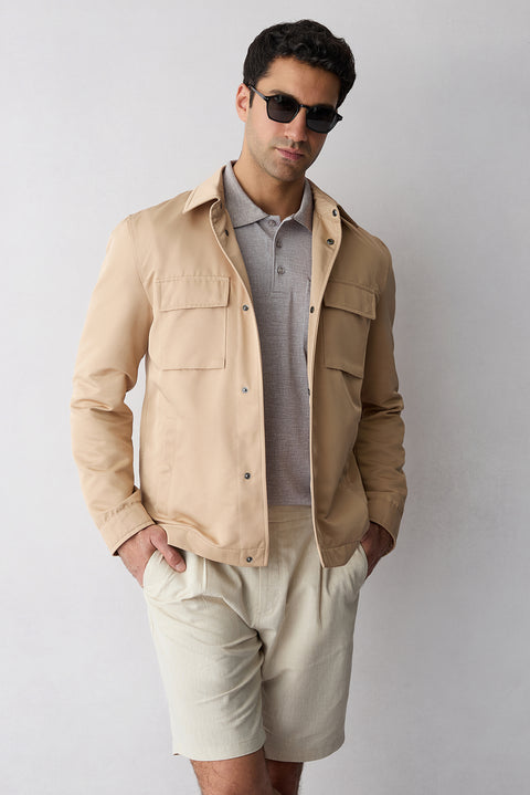Light Beige Regular Fit Patterned Embroidered Pocket Buttoned Polo Neck T-Shirt