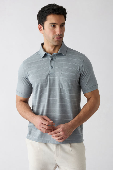 Açık Gri Regular Fit Çizgili Cepli Düğmeli Polo Yaka Tişört