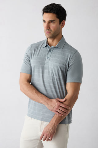  Açık Gri Regular Fit Çizgili Cepli Düğmeli Polo Yaka Tişört