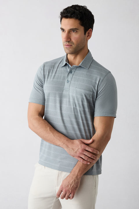 Açık Gri Regular Fit Çizgili Cepli Düğmeli Polo Yaka Tişört