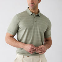 Açık Haki Regular Fit Çizgili Cepli Düğmeli Polo Yaka Tişört