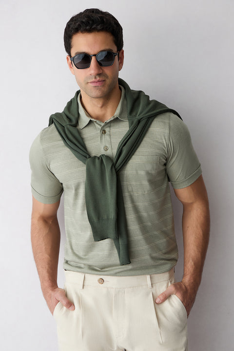 Açık Haki Regular Fit Çizgili Cepli Düğmeli Polo Yaka Tişört