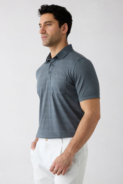 Medium Anthracite Polo Collar Regular Fit Striped T-shirt