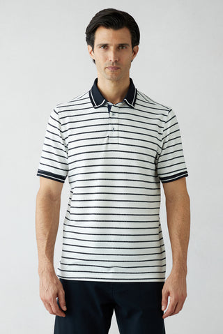  Beyaz Çizgili Regular Fit Düğmeli Polo Yaka Tişört