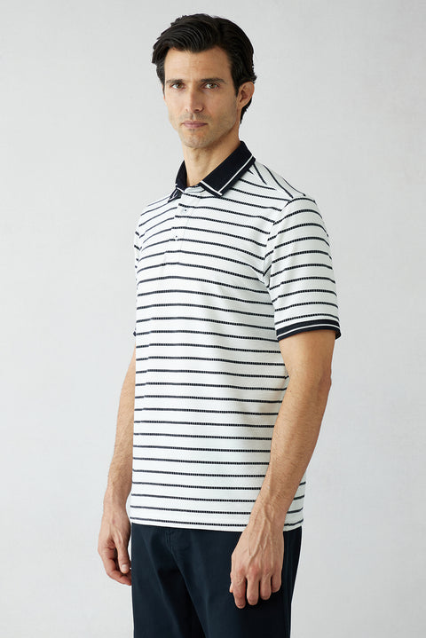 White Polo Collar Regular Fit Striped T-shirt