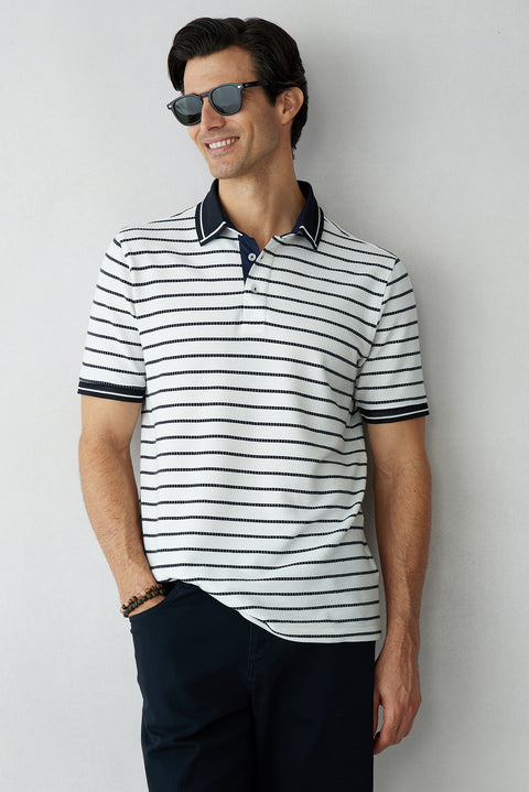 White Polo Collar Regular Fit Striped T-shirt