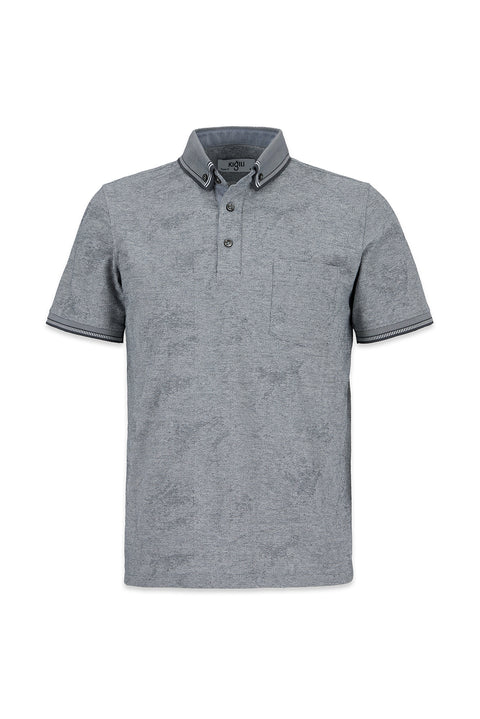 Açık Gri Polo Yaka Regular Fit Desenli Cepli Tişört
