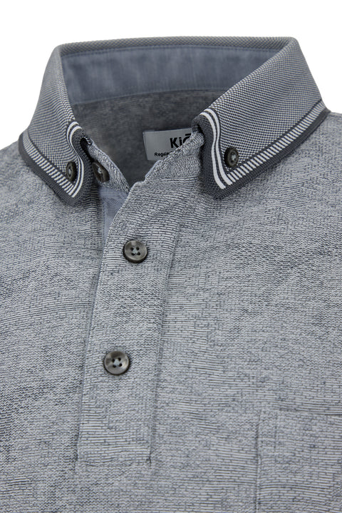 Açık Gri Polo Yaka Regular Fit Desenli Cepli Tişört